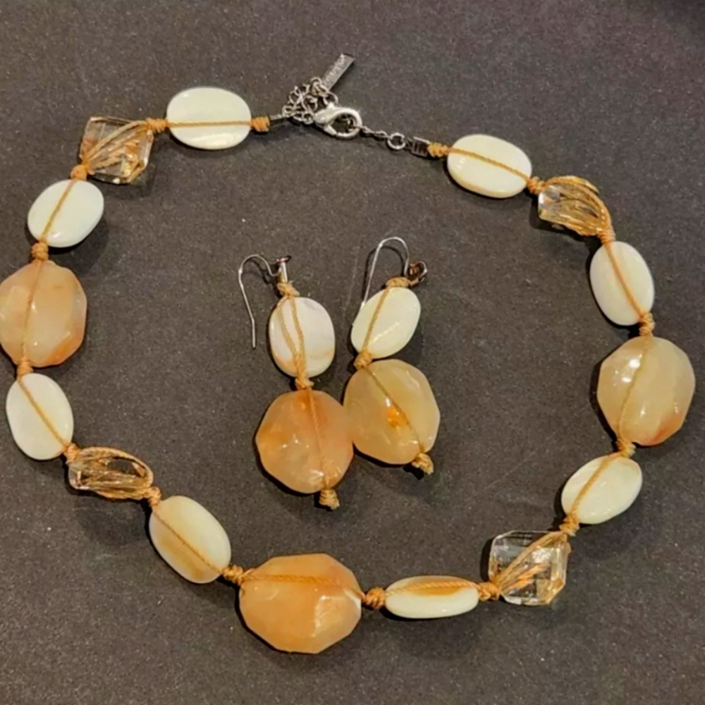 Apostrophe Necklace & Earring Set Tan Cream Peach Multicolored Stones